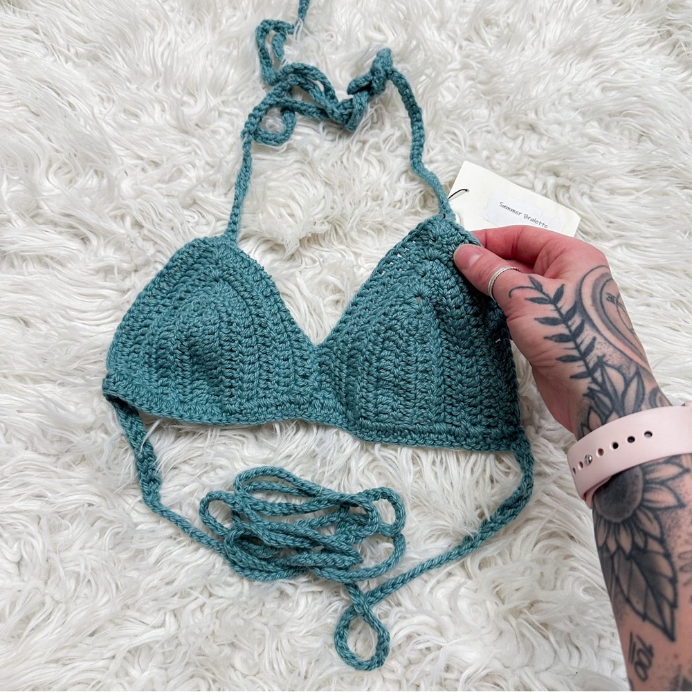 Hand Knit crochet bralette turquoise top XS